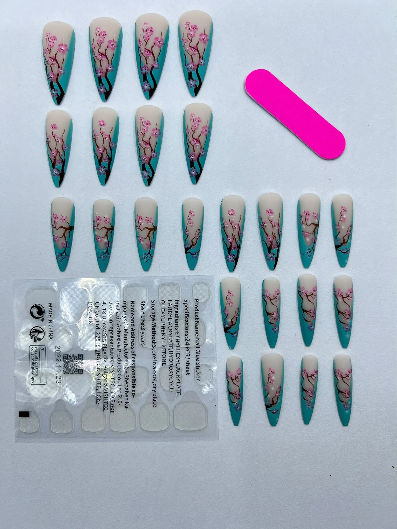 24pcs Long Stiletto Turquoise French Matte Cherry Blossom Fake Nail Press On