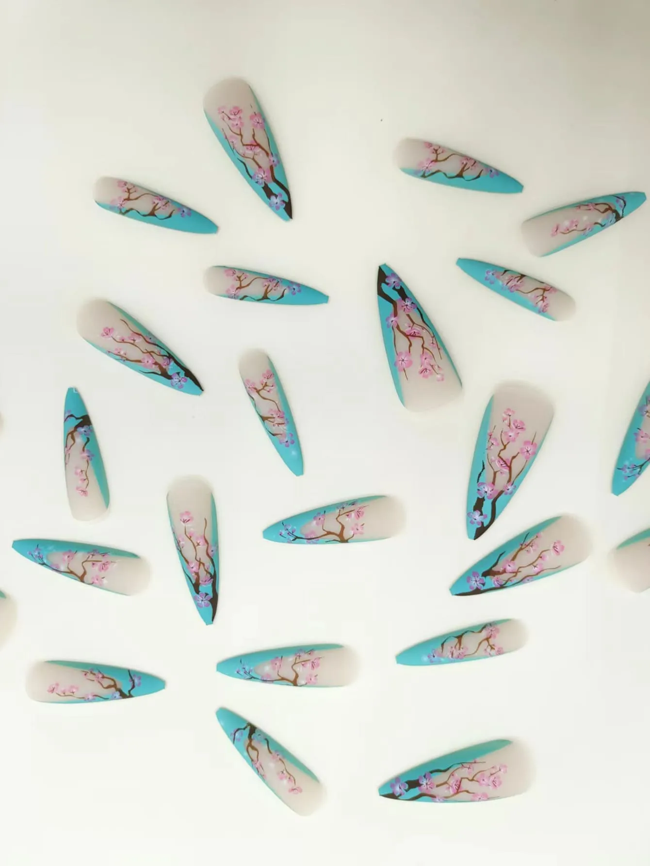 24pcs Long Stiletto Turquoise French Matte Cherry Blossom Fake Nail Press On