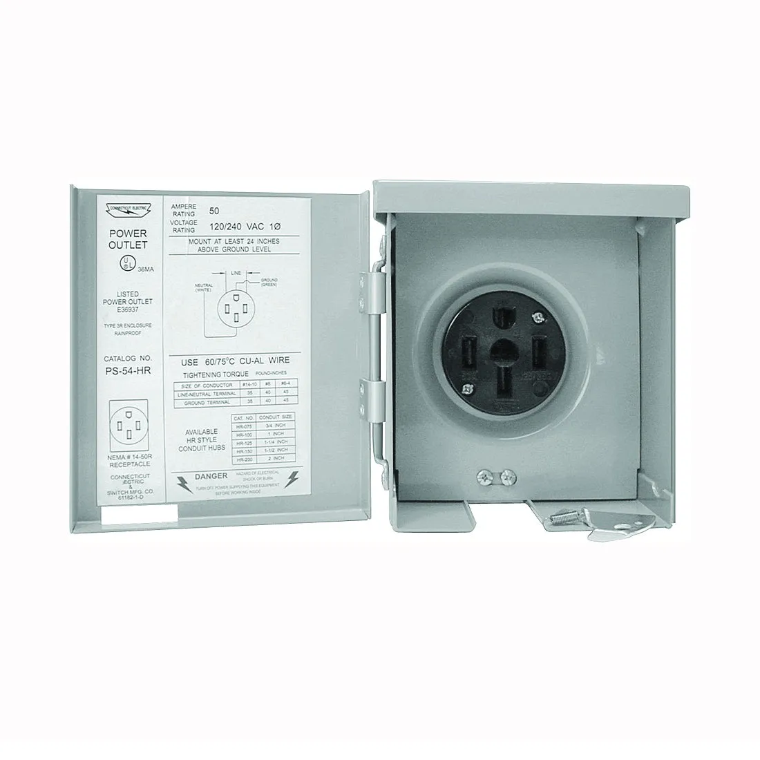 CONNECTICUT ELECTRIC PS-54-HR Power Outlet, 50 A, Steel