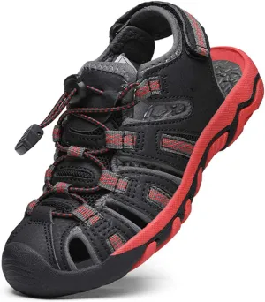 DREAM PAIRS Boys Girls Summer Outdoor Athletic Sport Sandals Walking Hiking Hook and Loop Adjustable Multicolor for Toddler/Little/Big Kids,Size 12 Little Kid,Black/Grey/Red,160912-K