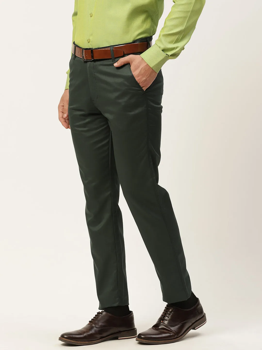 Men's Cotton Blend Bottle Green Solid Formal Trousers - Sojanya