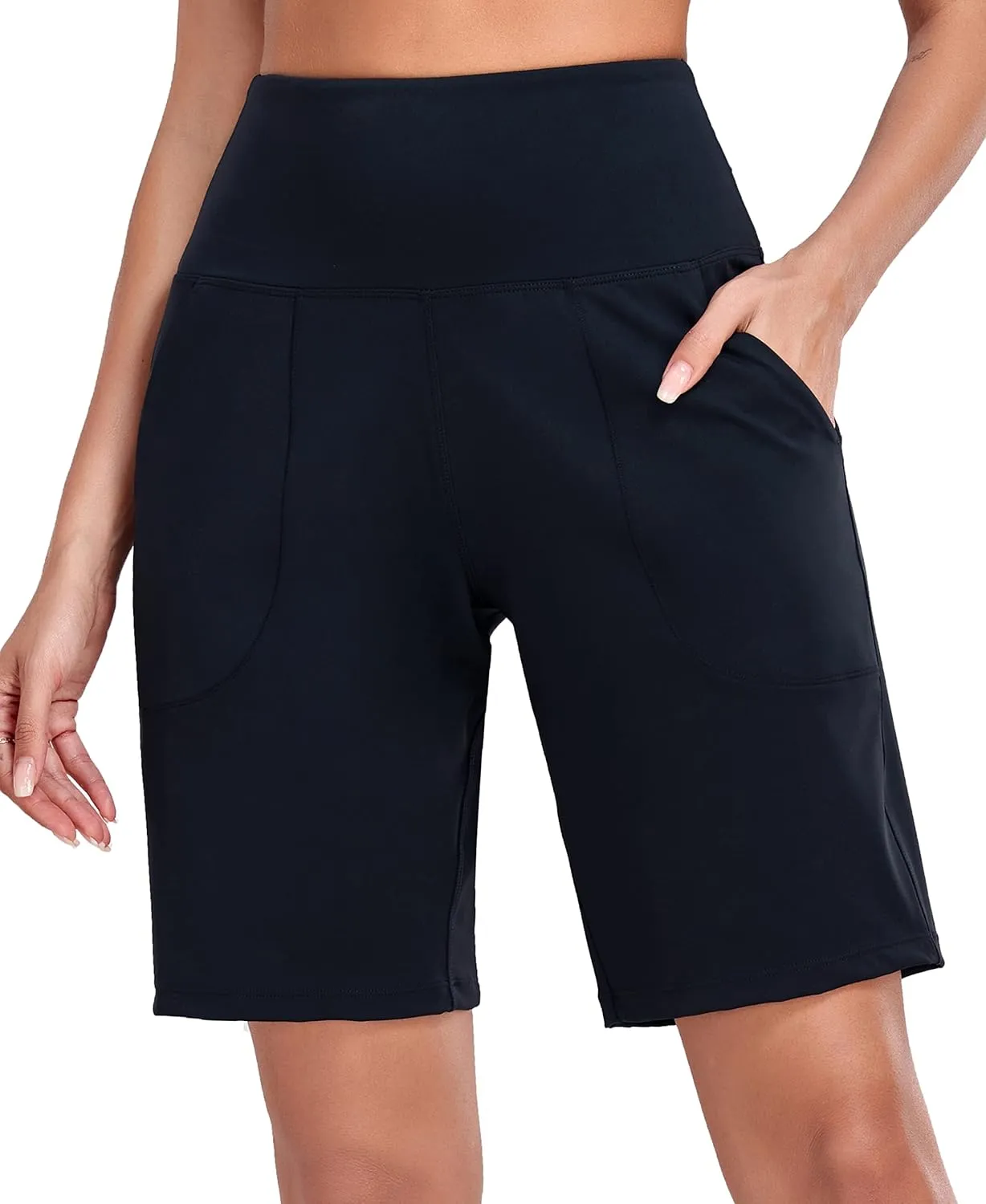 Oalka Women's High Waisted Shorts Yoga Workout Bermuda Long Hiking Shorts with Pockets