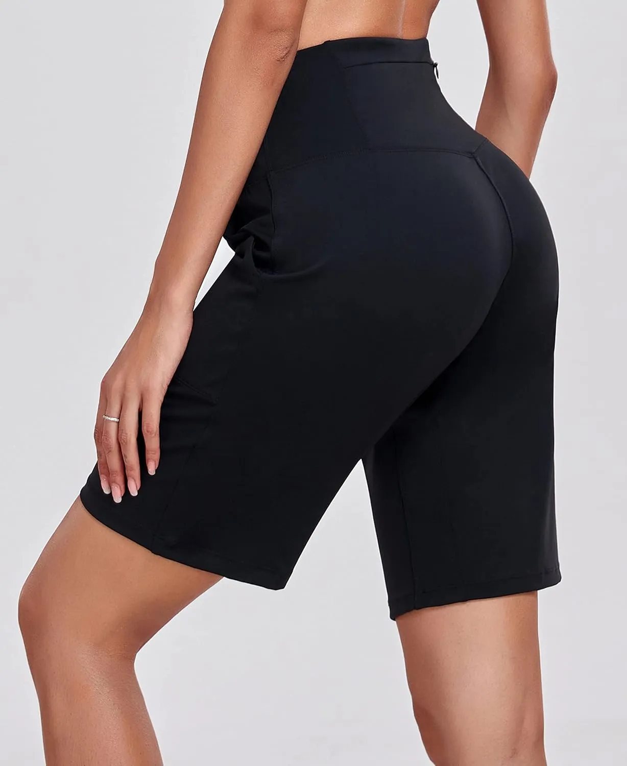 Oalka Women's High Waisted Shorts Yoga Workout Bermuda Long Hiking Shorts with Pockets