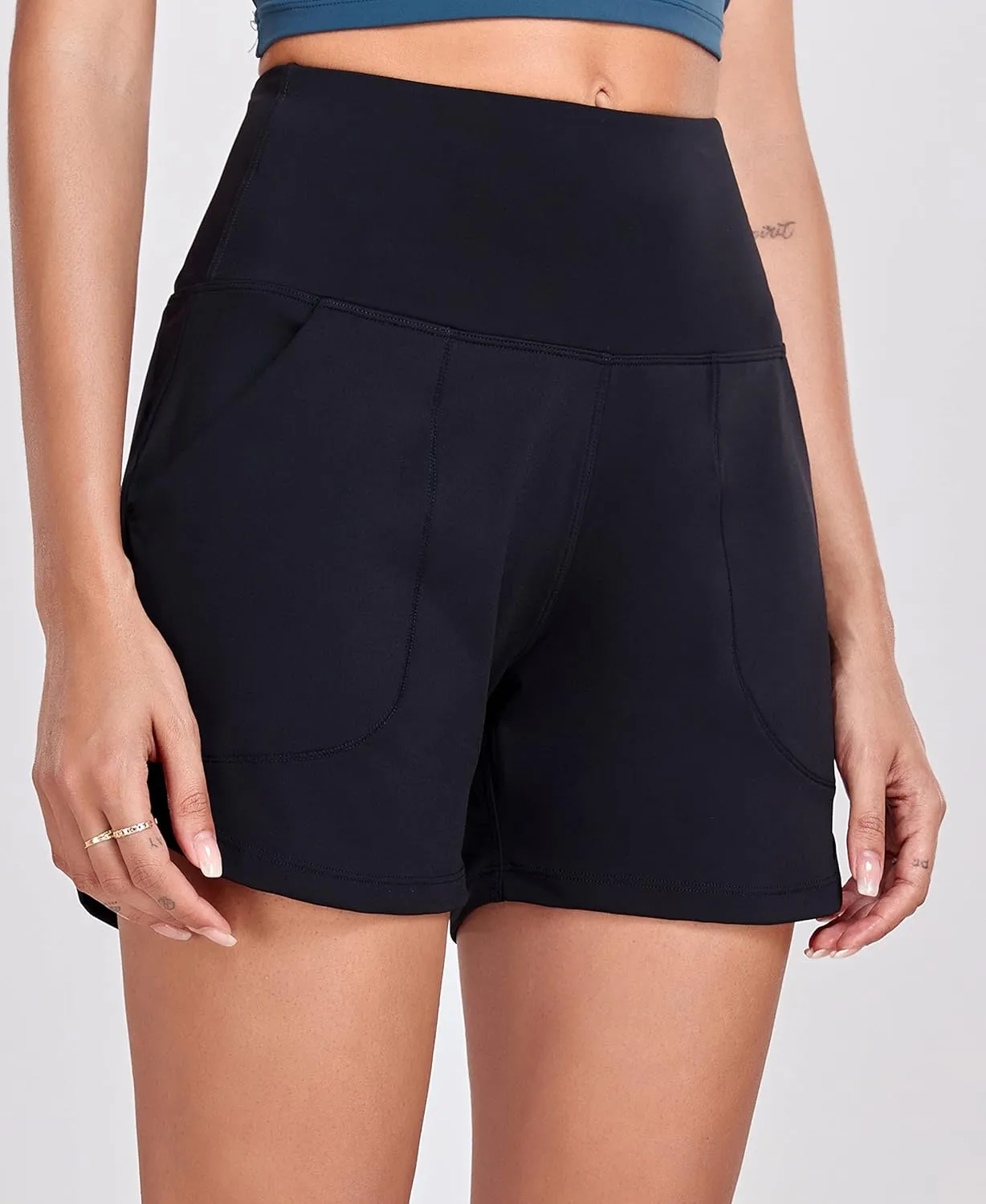 Oalka Women's High Waisted Shorts Yoga Workout Bermuda Long Hiking Shorts with Pockets
