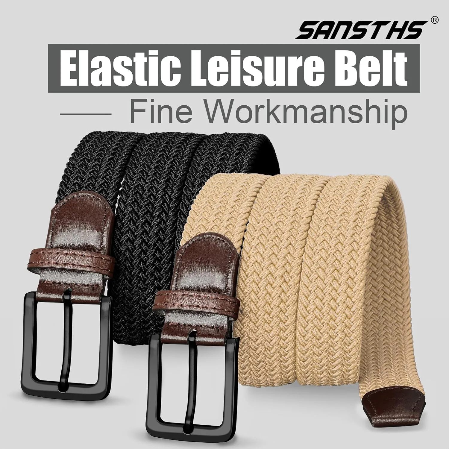 SANSTHS 2Pack Elastic Belt for Men, Mens Belts Casual for Jeans Pants, Woven Braided Web Belt for Golf, 1.3 inches Width