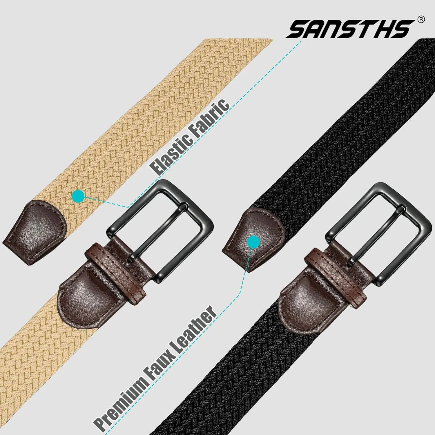 SANSTHS 2Pack Elastic Belt for Men, Mens Belts Casual for Jeans Pants, Woven Braided Web Belt for Golf, 1.3 inches Width