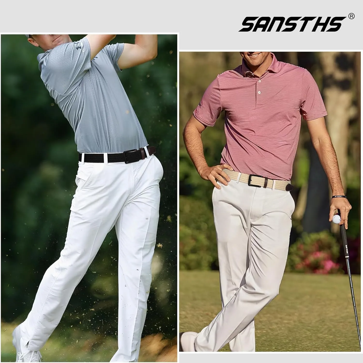 SANSTHS 2Pack Elastic Belt for Men, Mens Belts Casual for Jeans Pants, Woven Braided Web Belt for Golf, 1.3 inches Width
