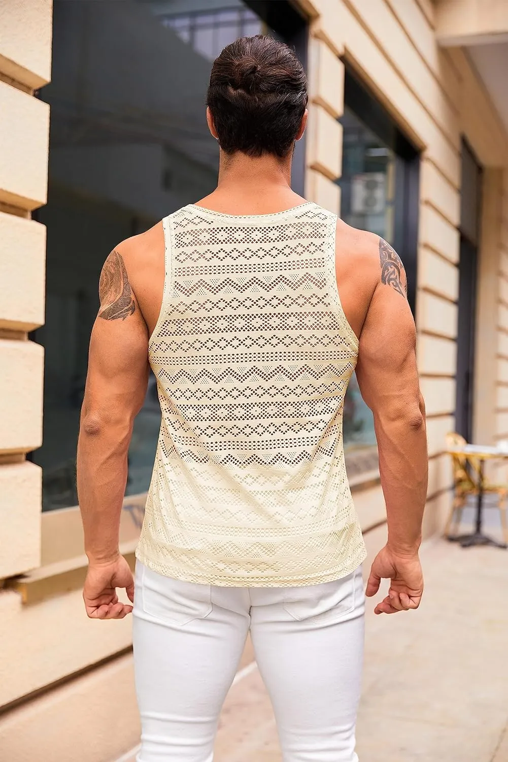 Syktkmx Mens See Through Vest Crewneck Sleeveless Tank Tops Muscle Sexy Mesh Shirts