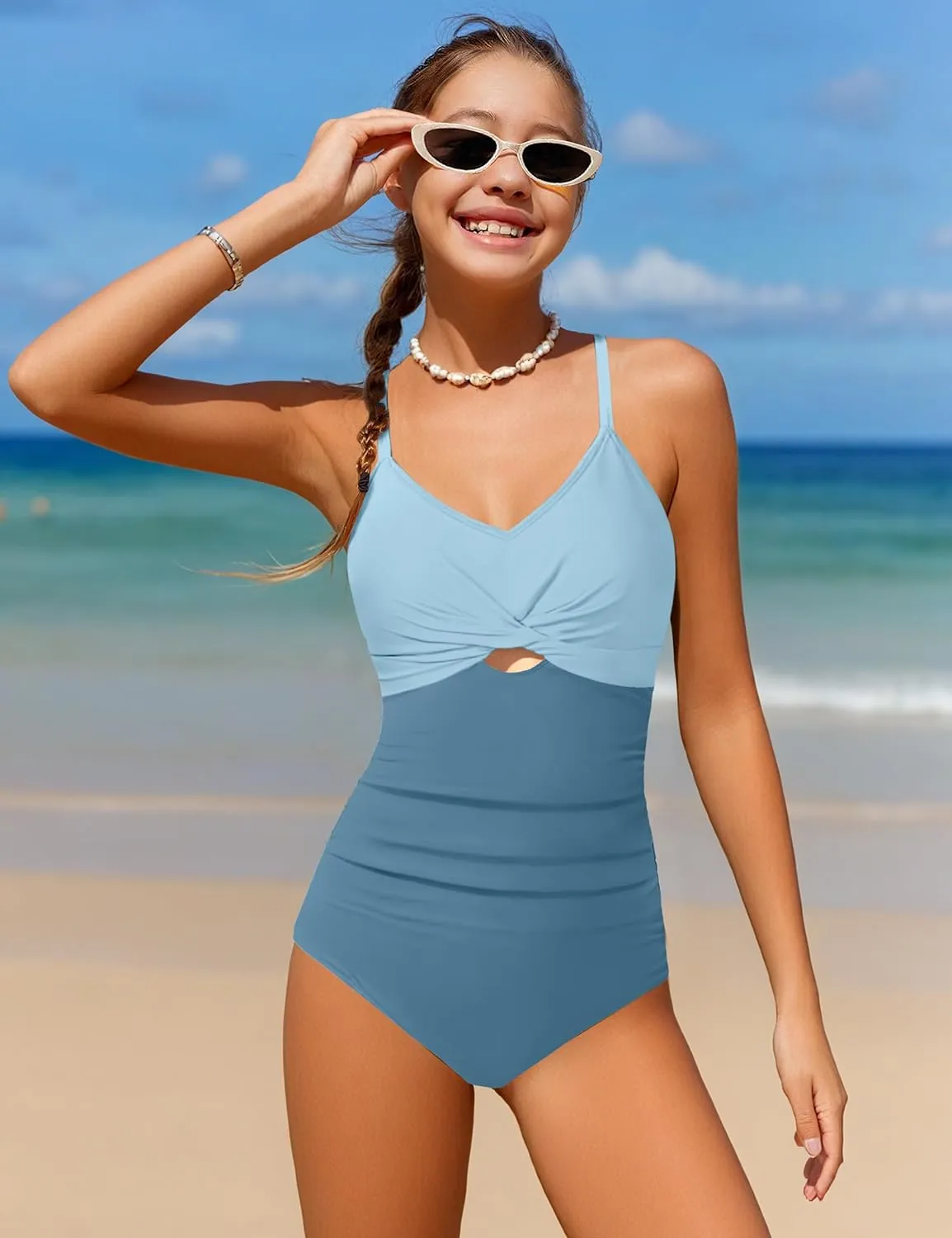WIQI Girls Swimsuit One Piece Bathing Suit Twist Front Cutout Adjustable Straps Ruched Girls' Swimwear Size 9-16