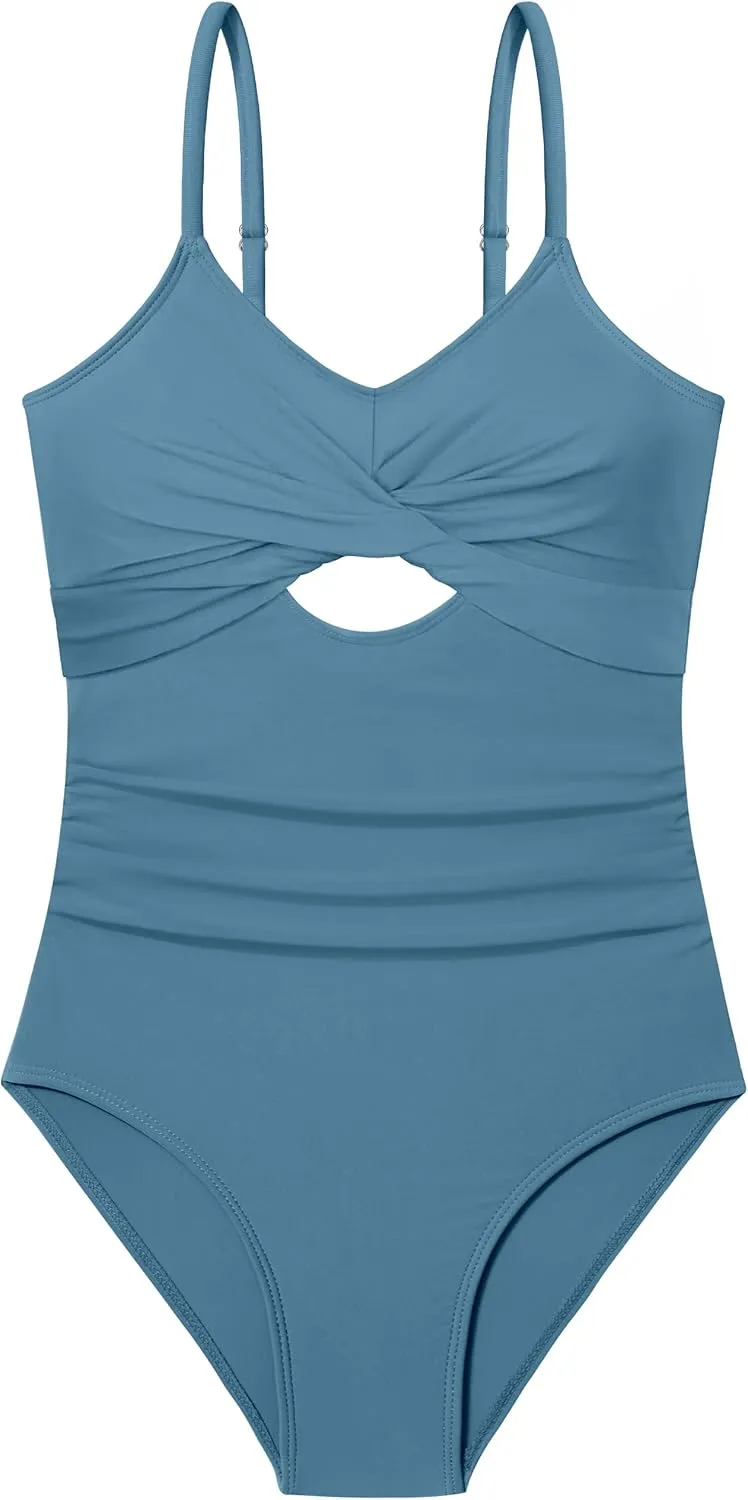 WIQI Girls Swimsuit One Piece Bathing Suit Twist Front Cutout Adjustable Straps Ruched Girls' Swimwear Size 9-16