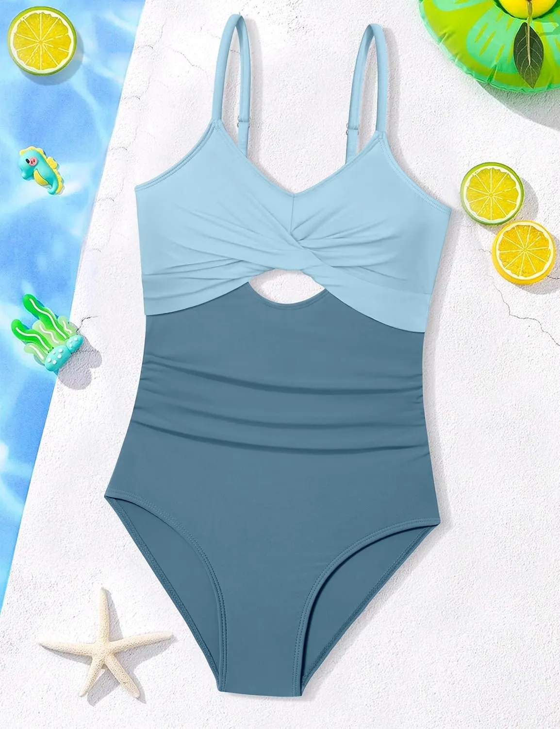 WIQI Girls Swimsuit One Piece Bathing Suit Twist Front Cutout Adjustable Straps Ruched Girls' Swimwear Size 9-16