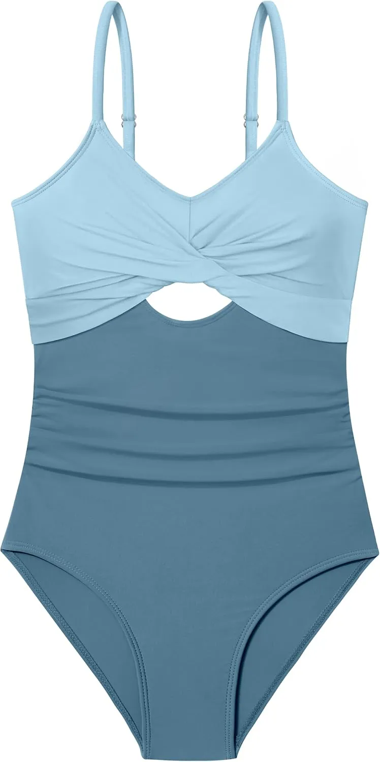 WIQI Girls Swimsuit One Piece Bathing Suit Twist Front Cutout Adjustable Straps Ruched Girls' Swimwear Size 9-16