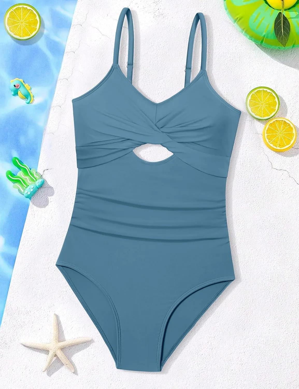 WIQI Girls Swimsuit One Piece Bathing Suit Twist Front Cutout Adjustable Straps Ruched Girls' Swimwear Size 9-16